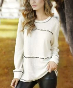 Buy 😉 Z Avenue Cream Waffle-Knit Long-Sleeve Crewneck Top - 👩 Women & Plus 🎉