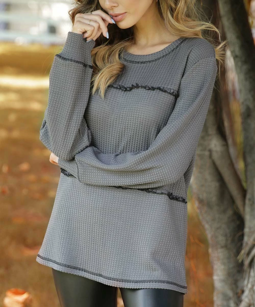 Top 10 π― Z Avenue Dark Gray Waffle-Knit Long-Sleeve Crewneck Top - π© Women & Plus π - Image 3