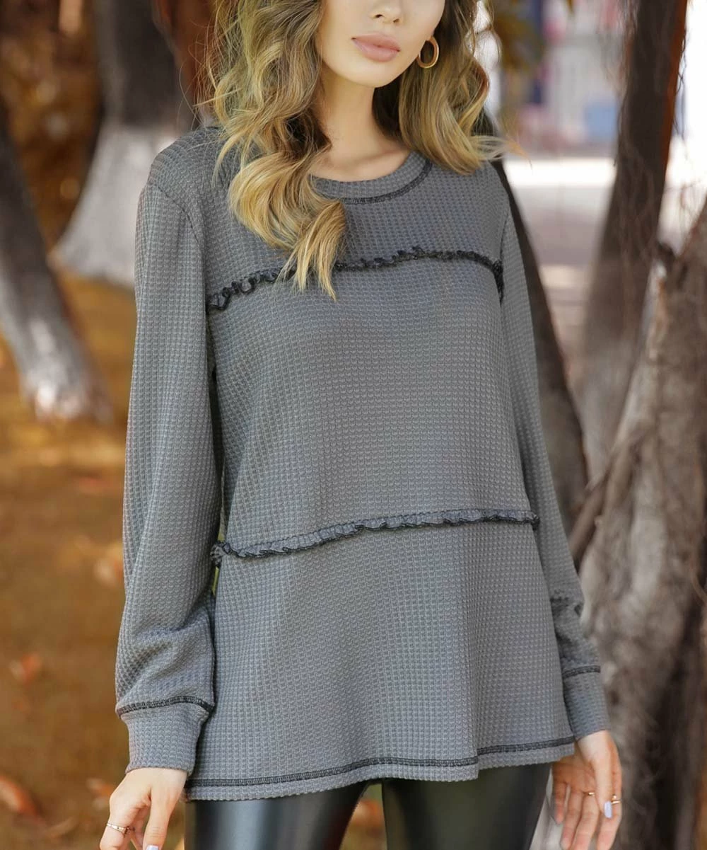 Top 10 π― Z Avenue Dark Gray Waffle-Knit Long-Sleeve Crewneck Top - π© Women & Plus π - Image 4