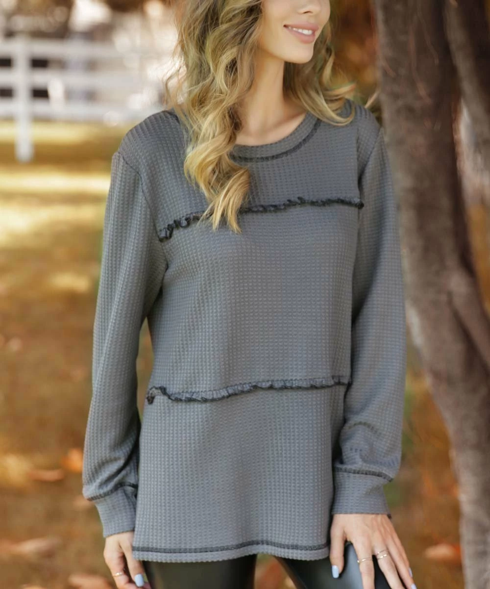 Top 10 π― Z Avenue Dark Gray Waffle-Knit Long-Sleeve Crewneck Top - π© Women & Plus π - Image 5