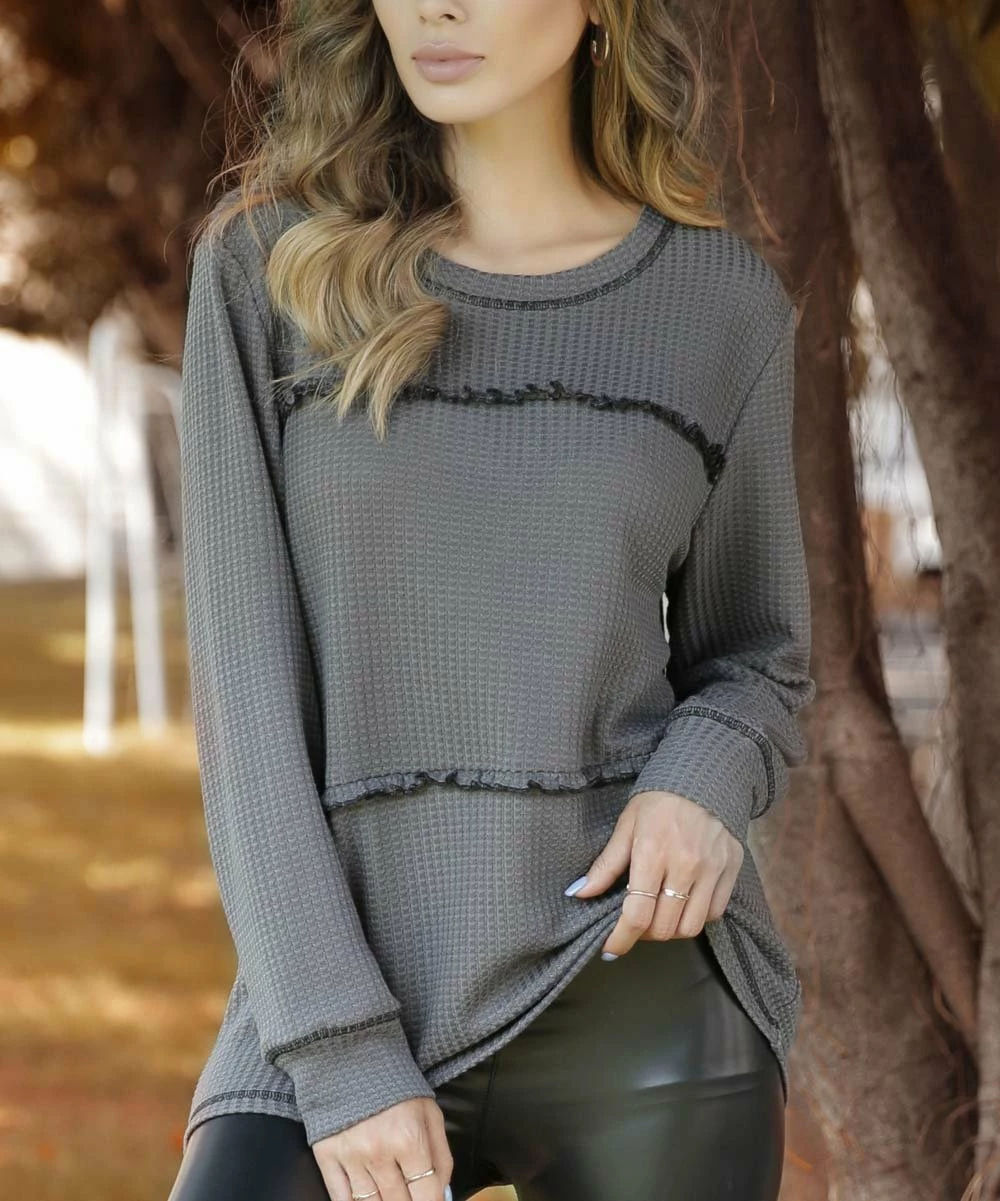 Top 10 π― Z Avenue Dark Gray Waffle-Knit Long-Sleeve Crewneck Top - π© Women & Plus π