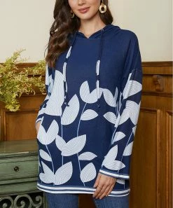Deals 😀 Z Avenue Blue Leaves Hoodie - 👩 Women & Plus 🧨