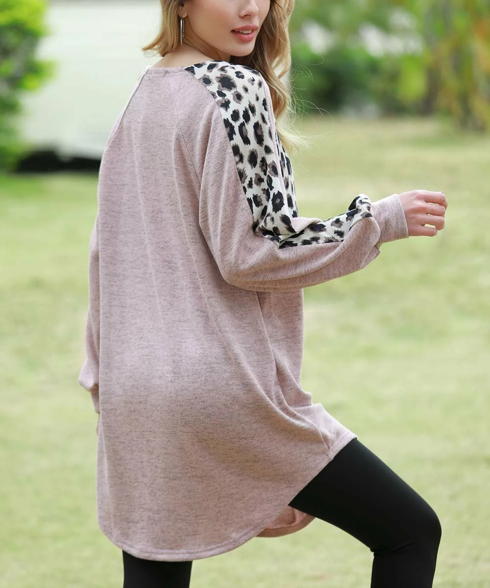 Promo π Z Avenue Heather Pink & Black Color Block Leopard Long-Sleeve Tunic - π© Women 𧨠- Image 2