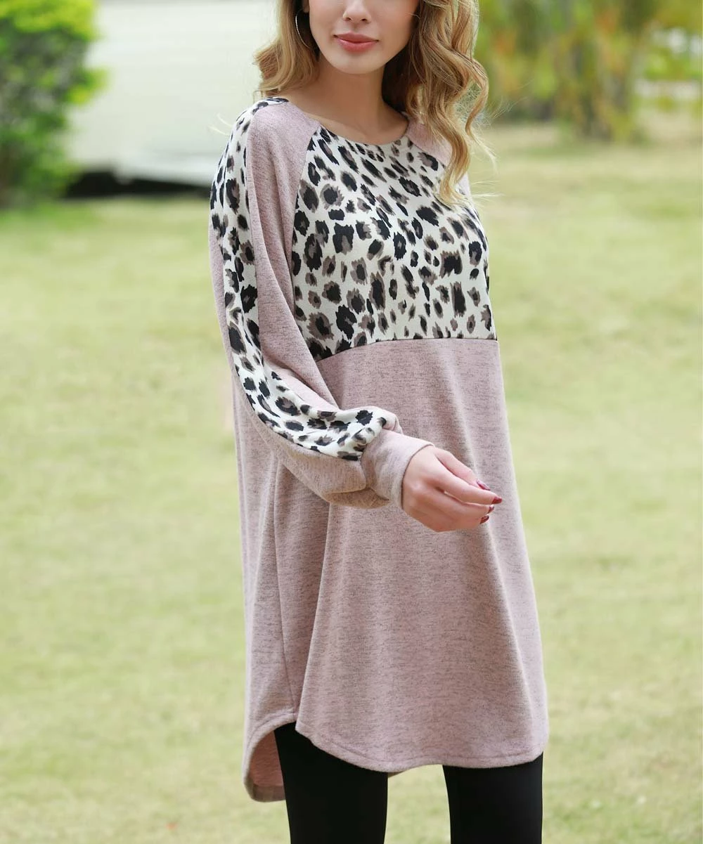 Promo π Z Avenue Heather Pink & Black Color Block Leopard Long-Sleeve Tunic - π© Women 𧨠- Image 4