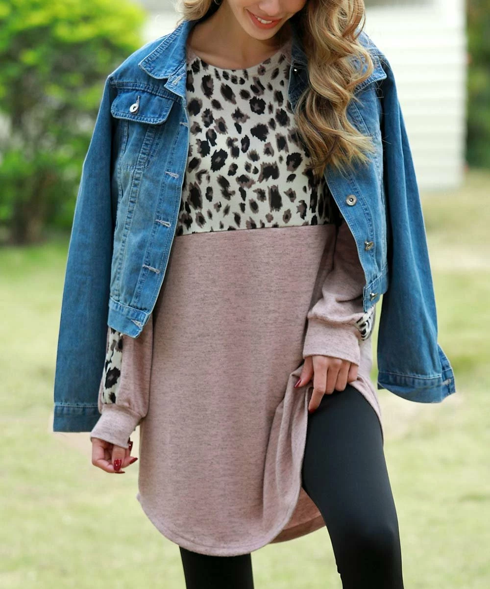 Promo π Z Avenue Heather Pink & Black Color Block Leopard Long-Sleeve Tunic - π© Women 𧨠- Image 5