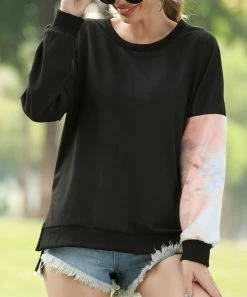 Hot Sale 🧨 Z Avenue Black Tie-Dye Asymmetrical Contrast-Sleeve Pullover - 👩 Women & Plus 😍