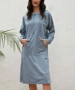 Top 10 π Z Avenue Slate Blue Side-Slit Kangaroo-Pocket Hooded Midi π Dress - π© Women & Plus β€οΈ