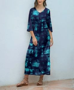 Deals 😉 Z Avenue Navy & Turquoise Three-Quarter Sleeve Maxi 👗 Dress - 👩 Women ⌛