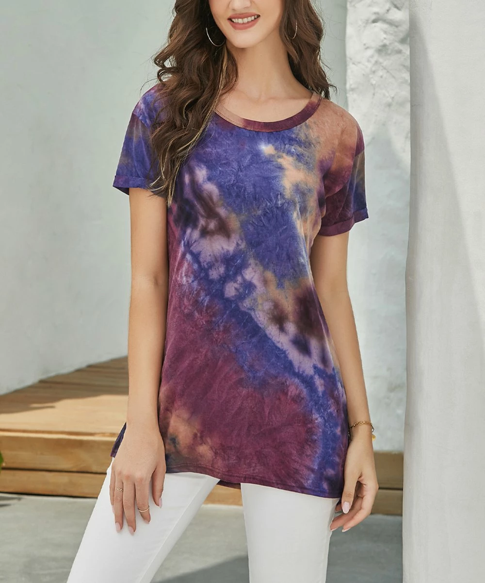Coupon β Z Avenue Purple & Brown Tie-Dye Scoop Neck Short-Sleeve Tunic - π© Women & Plus π₯° - Image 2