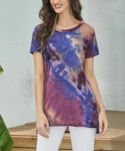 Coupon ⭐ Z Avenue Purple & Brown Tie-Dye Scoop Neck Short-Sleeve Tunic - 👩 Women & Plus 🥰