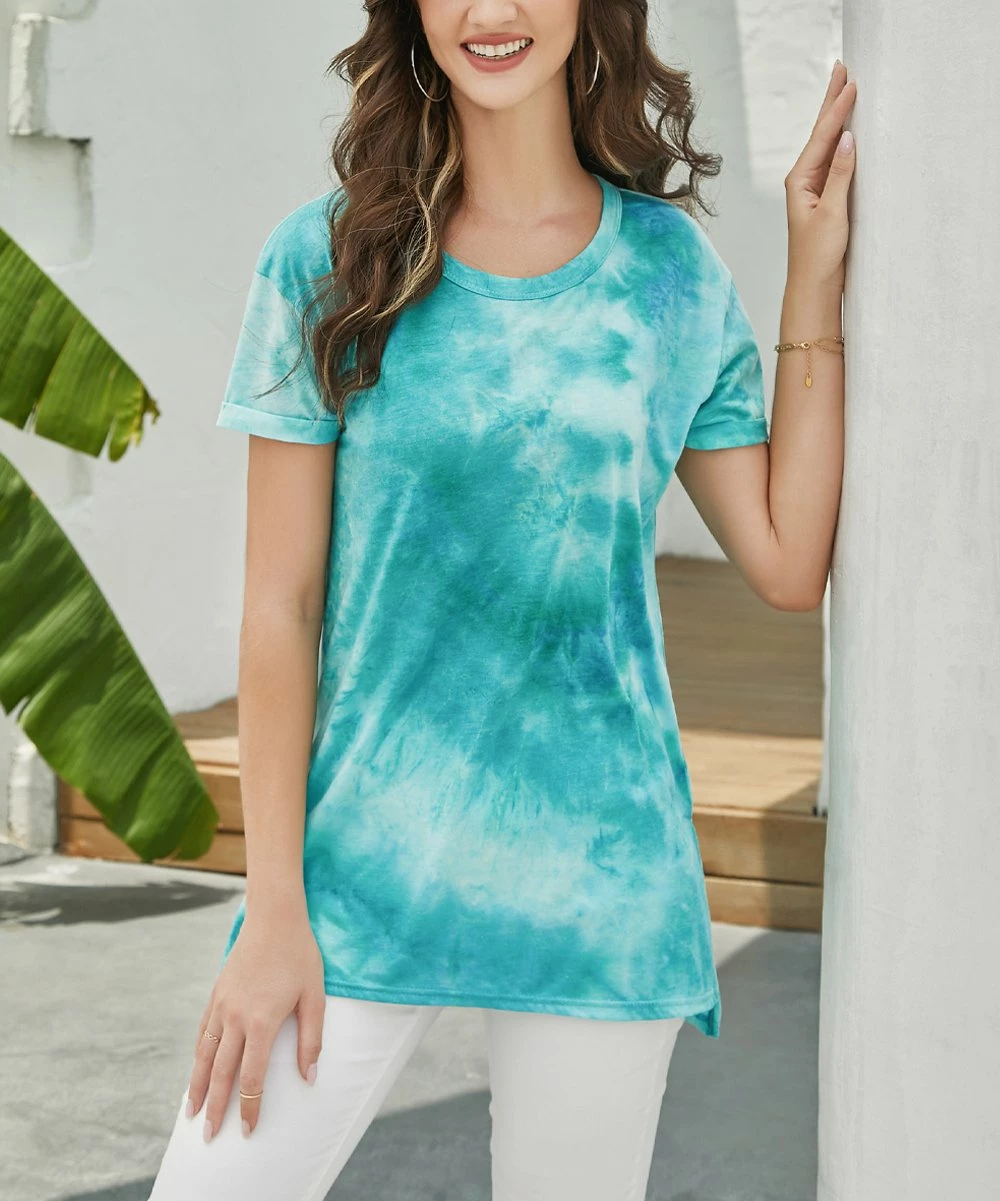 Best reviews of β Z Avenue Turquoise & Blue Tie-Dye Scoop Neck Short-Sleeve Tunic - π© Women & Plus β¨ - Image 3