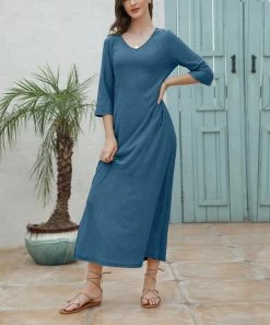 Budget π Z Avenue Denim Blue V-Neck Three-Quarter Sleeve Maxi π Dress - Plus π