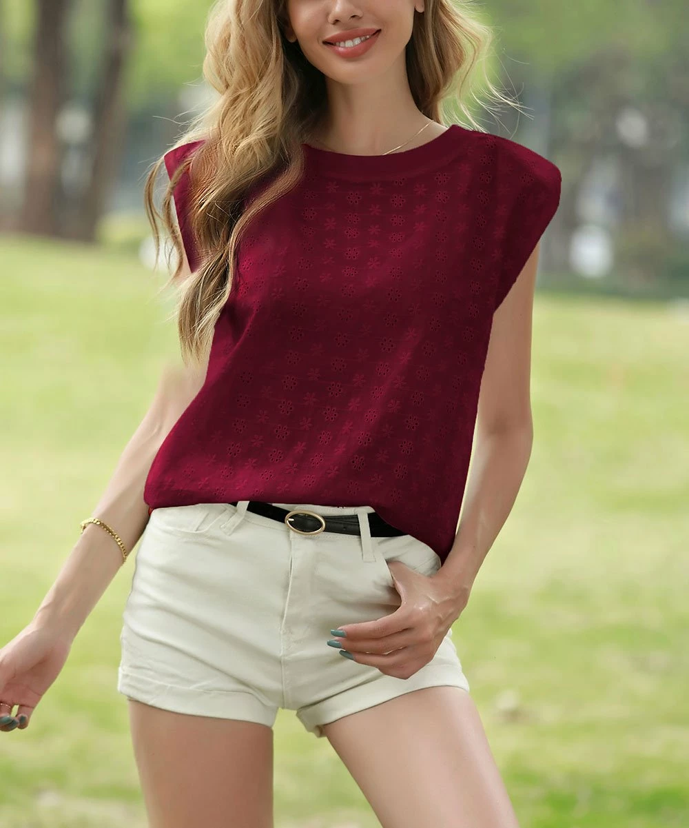 Cheap β€οΈ Z Avenue Burgundy Eyelet Cap-Sleeve Top - π© Women π - Image 3