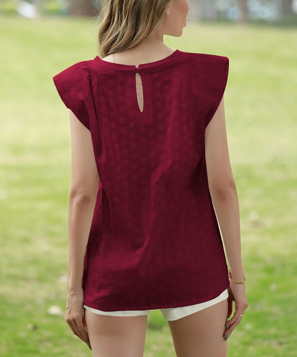 Cheap β€οΈ Z Avenue Burgundy Eyelet Cap-Sleeve Top - π© Women π - Image 4