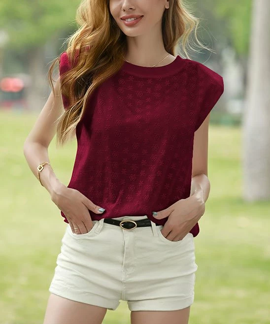 Cheap β€οΈ Z Avenue Burgundy Eyelet Cap-Sleeve Top - π© Women π