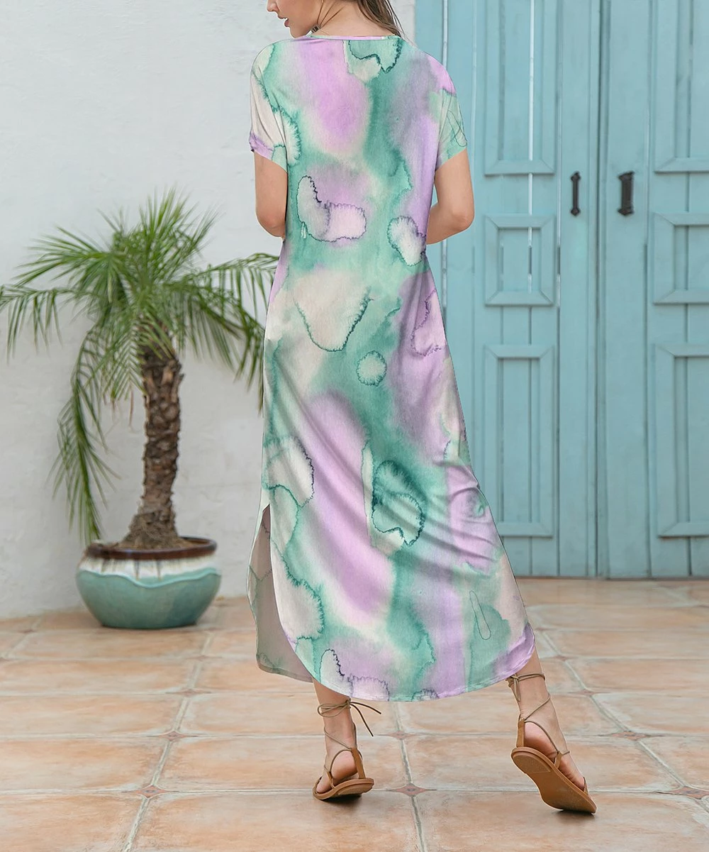 New β¨ Z Avenue Purple & Green Watercolor Side-Slit Midi π Dress - π© Women π - Image 2