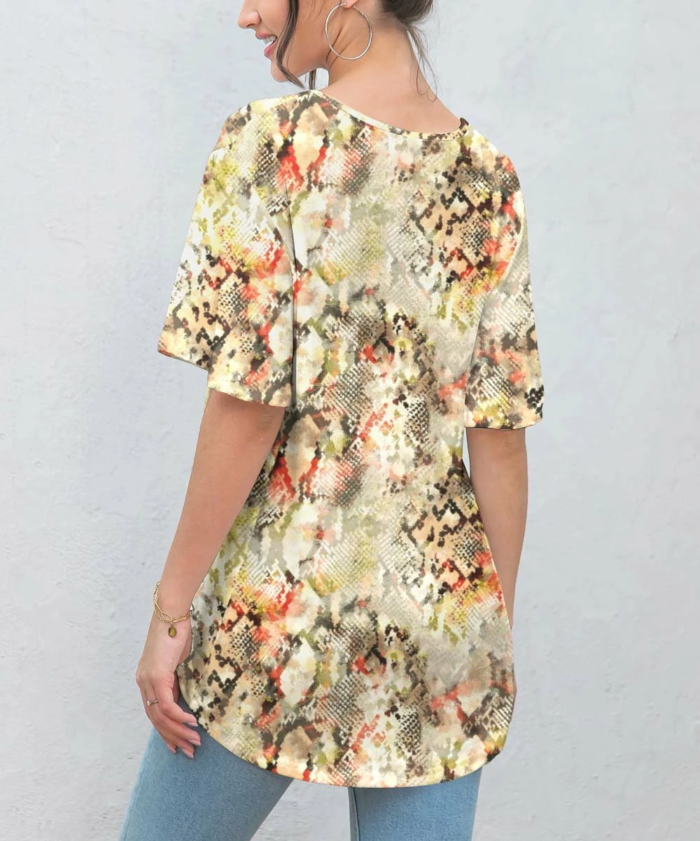 Best reviews of π Z Avenue Yellow Snake-Embossed Bell-Sleeve V-Neck Tunic - π© Women π - Image 2