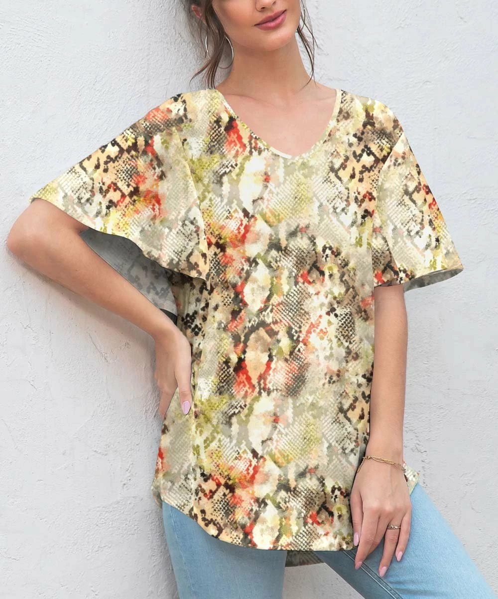 Best reviews of π Z Avenue Yellow Snake-Embossed Bell-Sleeve V-Neck Tunic - π© Women π - Image 3