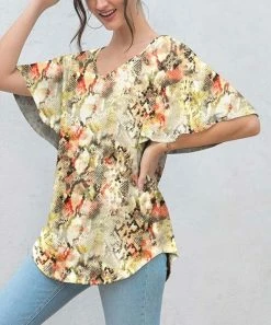 Best reviews of 😉 Z Avenue Yellow Snake-Embossed Bell-Sleeve V-Neck Tunic - 👩 Women 👍