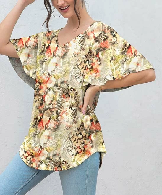 Best reviews of π Z Avenue Yellow Snake-Embossed Bell-Sleeve V-Neck Tunic - π© Women π