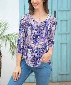 Discount π Z Avenue Purple Snake Tie-Dye Three-Quarter Sleeve Hi-Low Tunic - π© Women π§¨