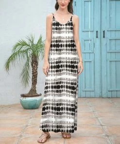 Hot Sale 👍 Z Avenue Black & White Tie-Dye Pocket V-Neck Maxi 👗 Dress - 👩 Women 🎁