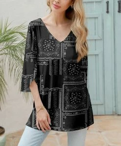 Best Pirce π Z Avenue Black Abstract Tulip-Sleeve V-Neck Tunic - Plus π