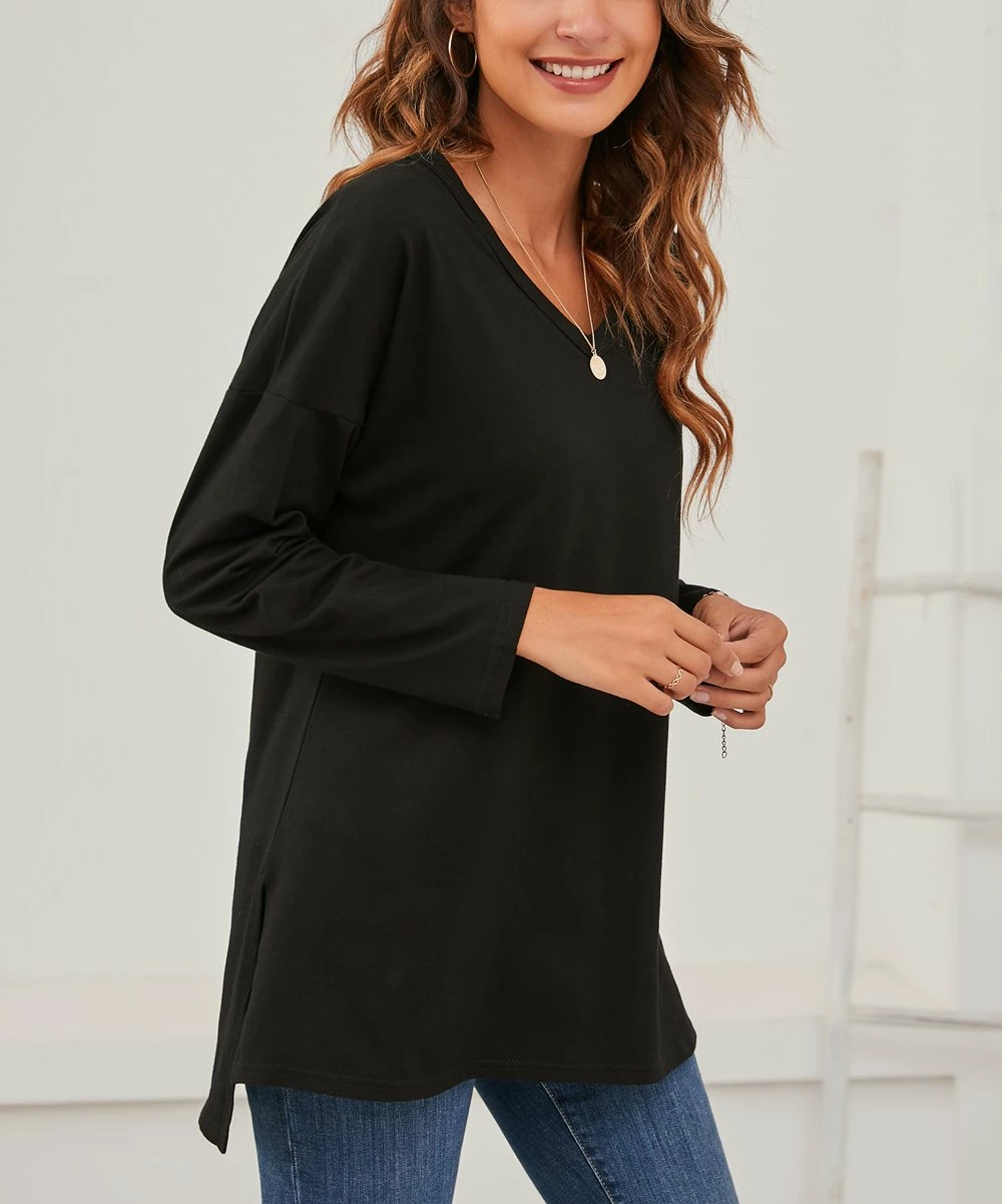Cheapest β Z Avenue Black Side-Slit V-Neck Long-Sleeve Tunic - π© Women & Plus π₯° - Image 2