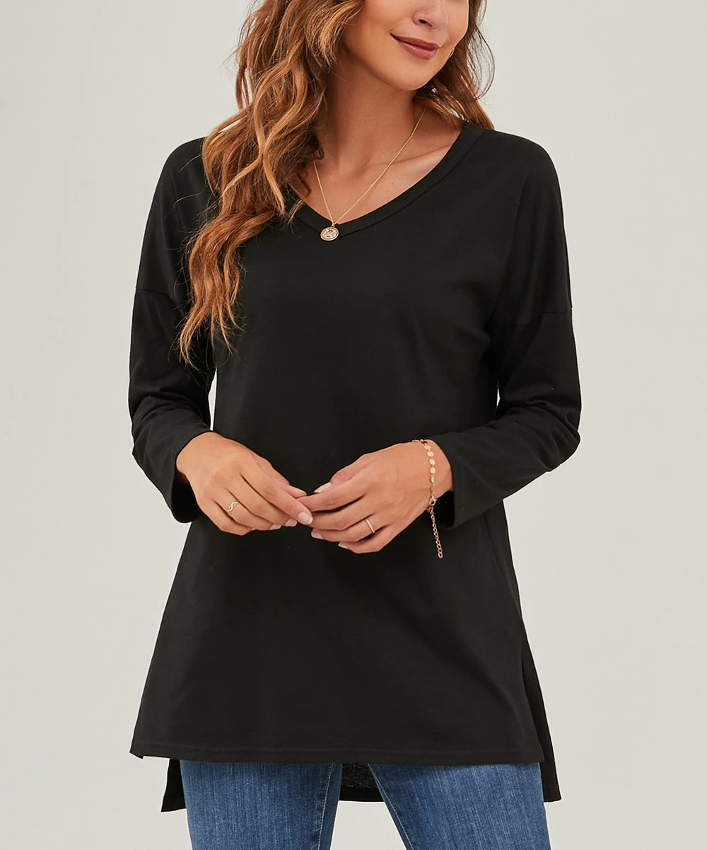 Cheapest β Z Avenue Black Side-Slit V-Neck Long-Sleeve Tunic - π© Women & Plus π₯° - Image 5