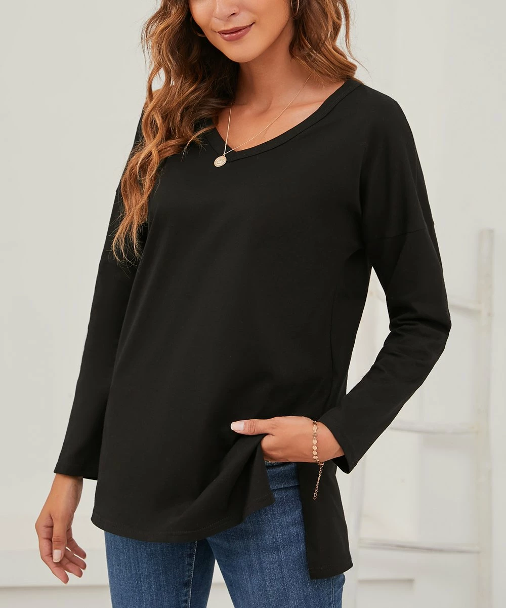 Cheapest β Z Avenue Black Side-Slit V-Neck Long-Sleeve Tunic - π© Women & Plus π₯°