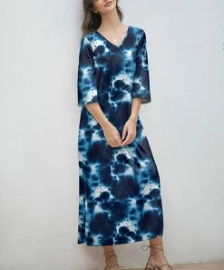Deals 🥰 Z Avenue Navy Tie-Dye Three-Quarter Sleeve Maxi 👗 Dress - Plus 🌟