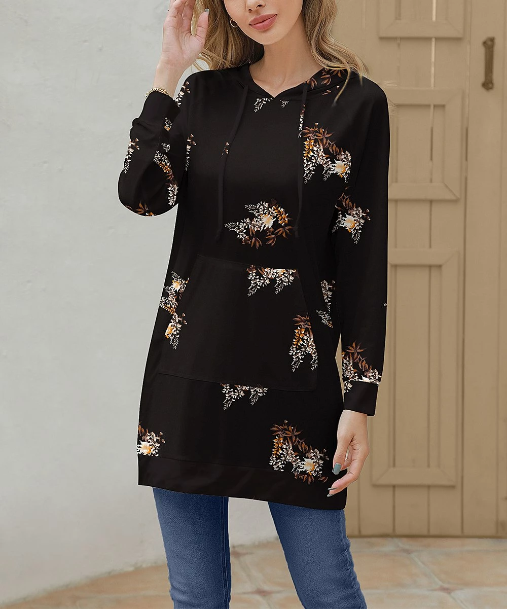 Best deal π Z Avenue Black Foliage Pocket Longline Hoodie - π© Women π€© - Image 2