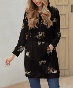 Best deal π Z Avenue Black Foliage Pocket Longline Hoodie - π© Women π€©