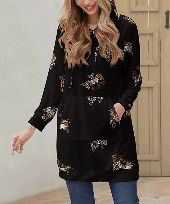 Best deal π Z Avenue Black Foliage Pocket Longline Hoodie - π© Women π€©