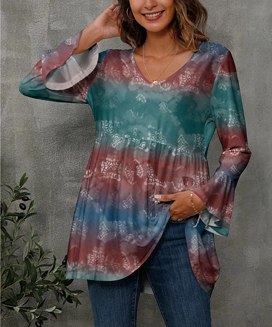 【公式】フジのお歳暮・冬ギフト 😉 New Z Trumpet-Sleeve V-Neck Floral Tan & Silver Avenue 水着・ラッシュガード