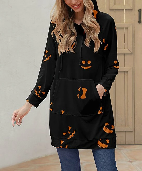 Coupon π₯° Z Avenue Orange & Black Jack-O'Lantern Faces Pocket Longline Hoodie - π© Women β - Image 2