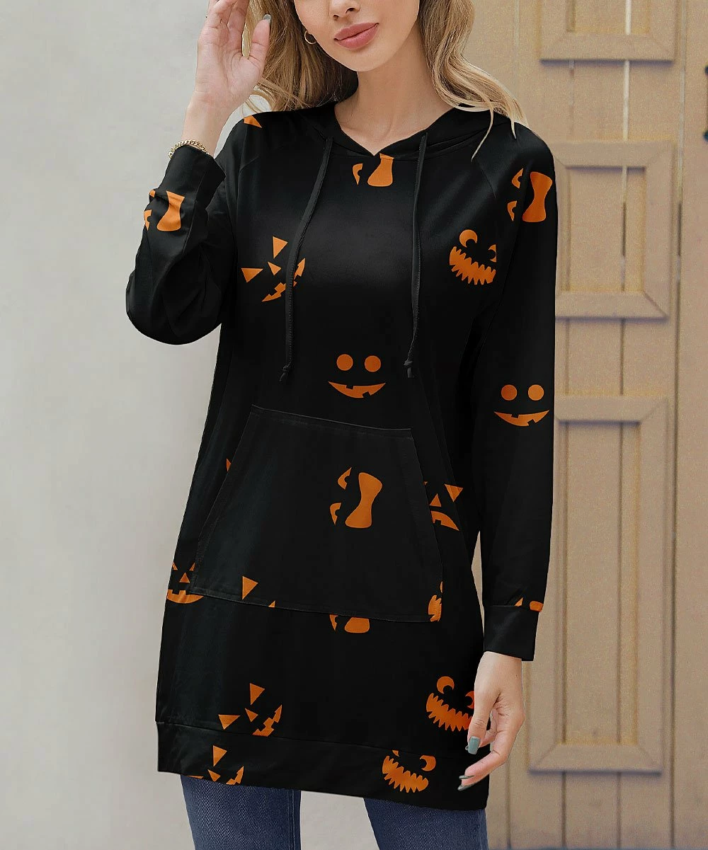 Coupon π₯° Z Avenue Orange & Black Jack-O'Lantern Faces Pocket Longline Hoodie - π© Women β
