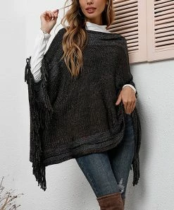 Promo π Z Avenue Black Geometric-Trim Fringe-Accent Poncho - Juniors β