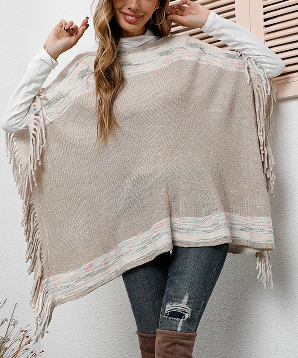 Wholesale π Z Avenue Beige Geometric-Trim Fringe-Accent Poncho - Juniors π - Image 2