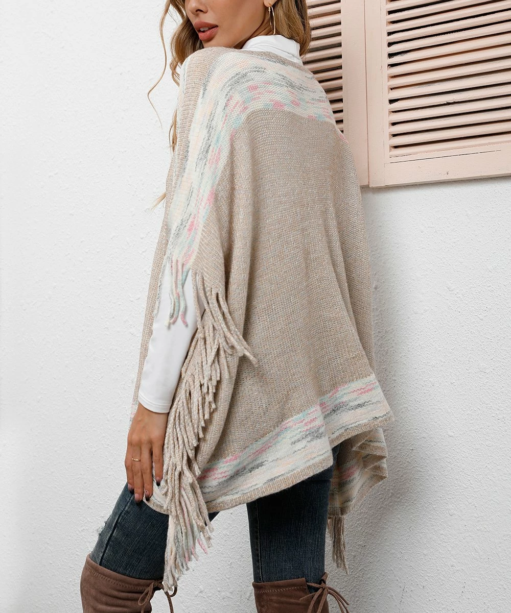 Wholesale π Z Avenue Beige Geometric-Trim Fringe-Accent Poncho - Juniors π - Image 5