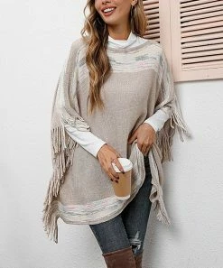 Wholesale π Z Avenue Beige Geometric-Trim Fringe-Accent Poncho - Juniors π