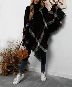 Deals β€οΈ Z Avenue Black & White Plaid Turtleneck Poncho - Juniors π§¨