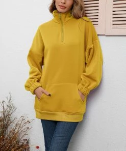 Deals ⭐ Z Avenue Mustard Quarter-Zip Bishop-Sleeve Pullover - 👩 Women & Plus 😀