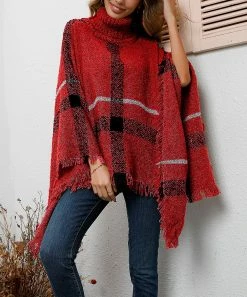 New π€© Z Avenue Burgundy & Black Plaid Turtleneck Poncho - Juniors π₯°